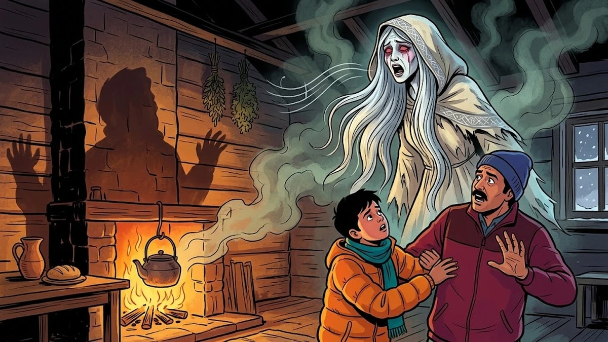 A tall Celtic banshee with silver-white hair and weeping crimson eyes wails from the rafters of the dim mountain cottage as Rohan and his father look up in alarm