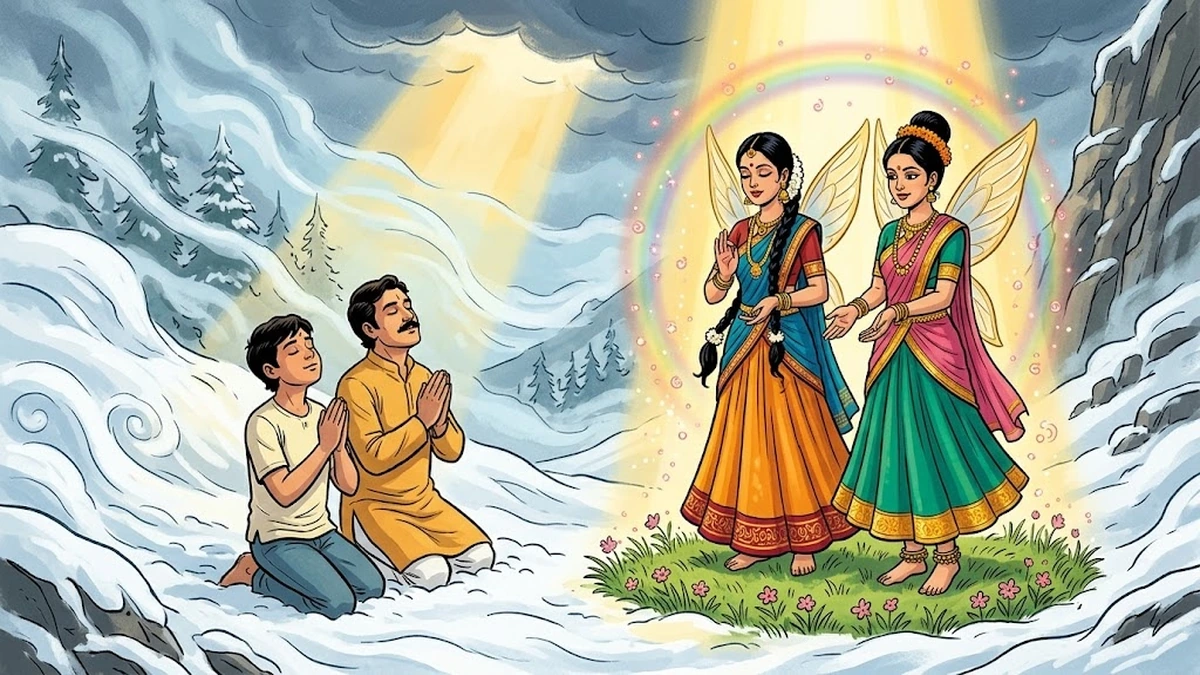 Rohan and his father kneeling in añjali namaste mudrā in a Himalayan blizzard, two Indian vidyādharī sky-maidens materialised in golden light pose them a riddle