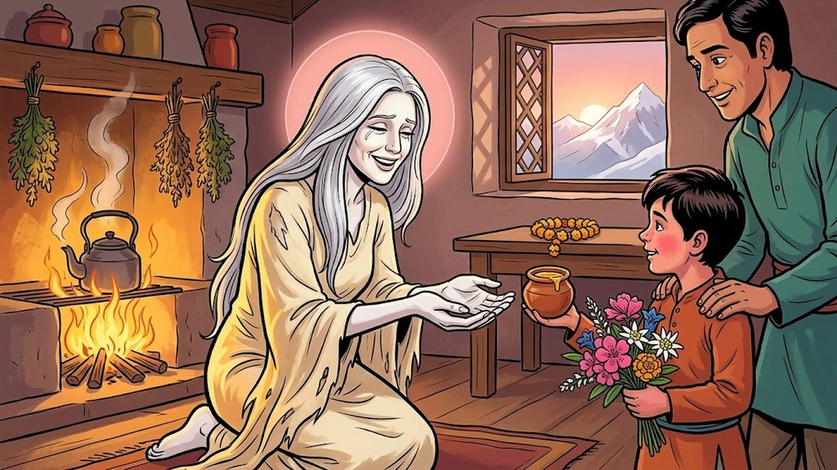 Rohan offers a clay pot of pure honey and a wild Himalayan bouquet to the now-smiling banshee while his father looks on with quiet wonder
