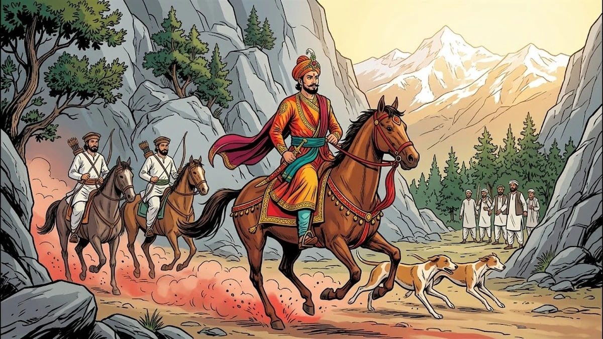 The Pathan king galloping with hunting hounds through a stony Sulaiman Range mountain pass — ACK Amar Chitra Katha illustration