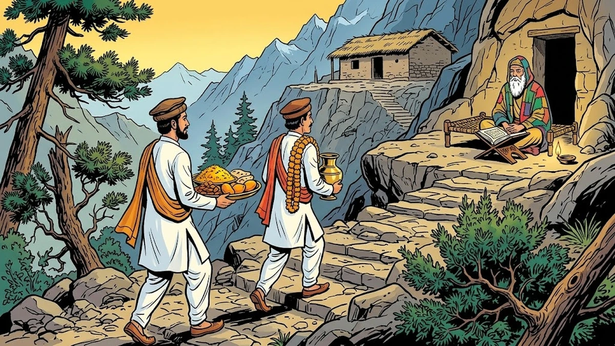 Faithful Pathan messengers carrying brass tray of pilau and dates up the mountain path to the fakeer's cave-cell hermitage — ACK Amar Chitra Katha illustration