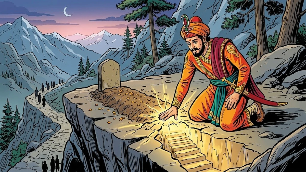 The king laying his hand on the fakeer's grave at dawn as the ground opens to reveal stone steps to paradise — ACK Amar Chitra Katha illustration