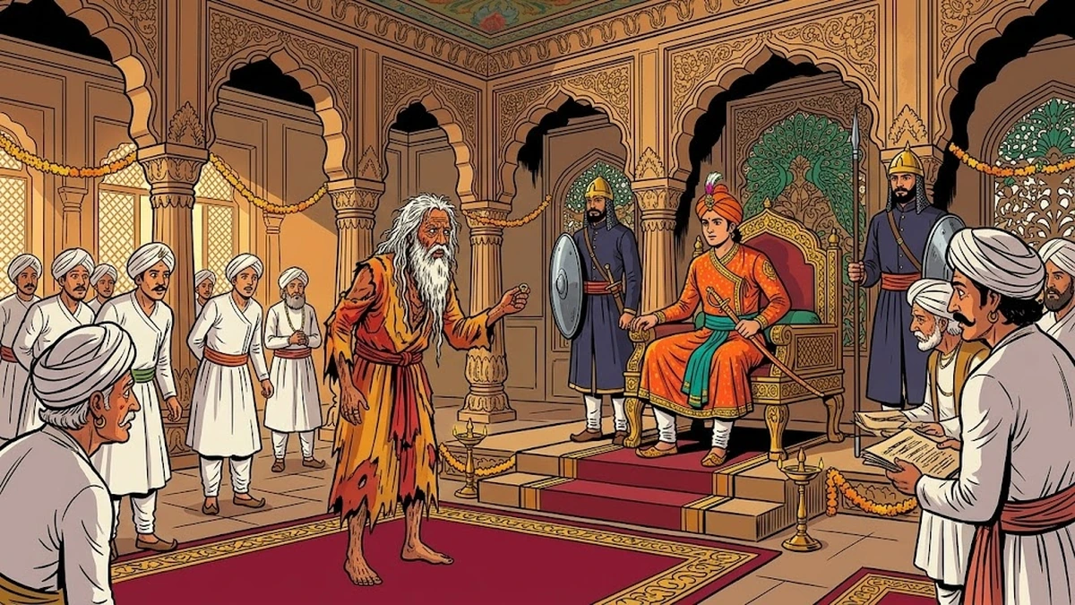 The decrepit ancient king seven hundred years later in tattered rags before the new king on the throne in the Indo-Mughal durbar audience hall — ACK Amar Chitra Katha illustration
