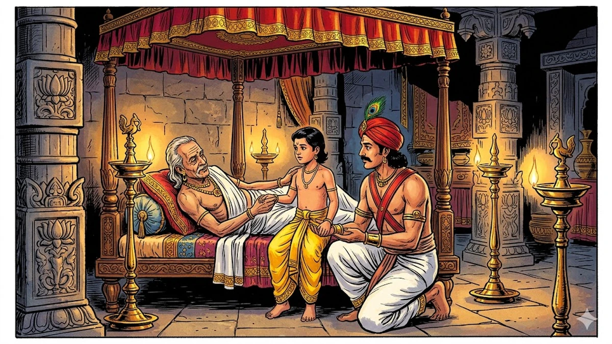 Tamil king Sivachar prays under a vast peepal tree at dawn surrounded by Brahmin priests chanting Vedic mantras over a fire altar