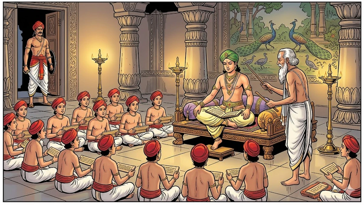 The young prince Sundara studies palm-leaf manuscripts inside the locked palace classroom with his twenty noble Tamil companions