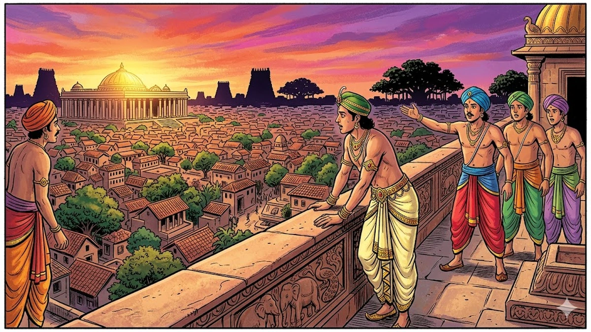 On the seventh storey at sunset, prince Sundara realises with shame that the regent has stolen his throne