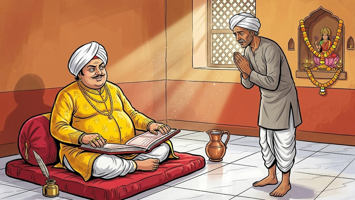 ACK-style scene: The lean Punjabi farmer in white dhoti and grey kurta stands hands-folded in Namaste before the portly moneylender in yellow silk sherwani, who sits cross-legged on a red gaddi cushion beside an open red bahi-khata account ledger in his marble-floored counting-house.