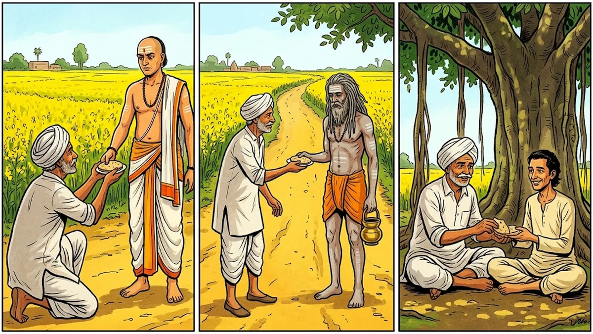 ACK-style triptych on a golden Punjabi village road: the farmer offers his hearth-cake to a haughty Brahmin priest in saffron-bordered dhoti, then to a grey-dreadlocked Jogi ascetic with brass kamandalu, and finally shares his last cake under a banyan tree with a thin smiling poor man who is Lord Ram in disguise.