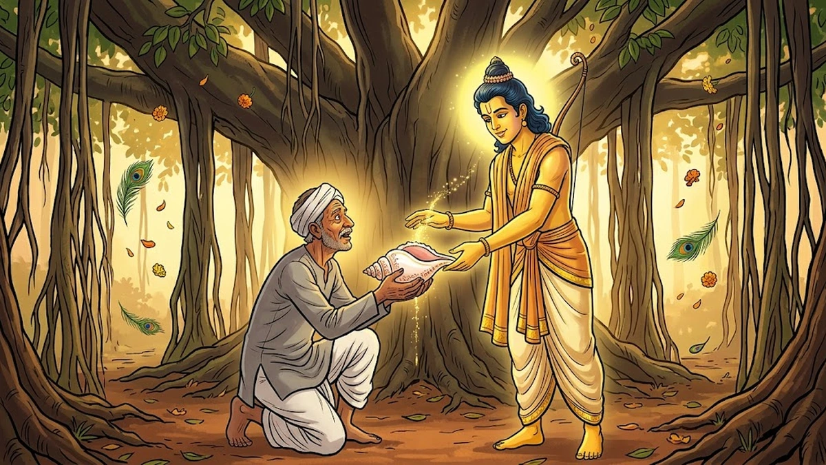 ACK-style scene: Beneath a great spreading banyan tree at golden hour, Lord Ram in cream-and-saffron silk dhoti with a glowing yellow halo and the bow Sharanga slung at his back places a great spiral white-and-pink sacred conch shell into the kneeling weathered farmer's trembling hands.