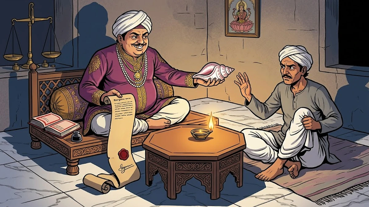 ACK-style scene in the moneylender's marble counting-house at evening lamp-light: the moneylender in plum-purple silk sherwani with gold-thread embroidery leans across a low octagonal teak table holding the conch shell in his right hand and a bargain-scroll with red wax seal in his left, while the farmer sits cross-legged with brow furrowed and one hand half-raised in cautious refusal.