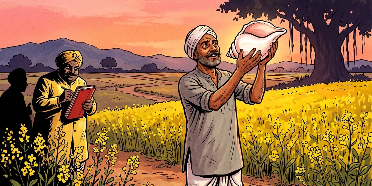 ACK-style illustration: A weathered Punjabi farmer holds a great spiral white-and-pink sacred conch shell aloft in a golden mustard field at sunset, while the silhouette of the portly Punjabi moneylender in yellow silk sherwani watches covetously fro
