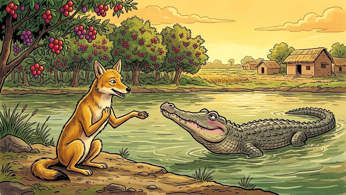 Scene 1: clever jackal bows in courtly mock-courtship to a blushing marsh crocodile at the Punjabi riverbank, ACK Amar Chitra Katha illustration