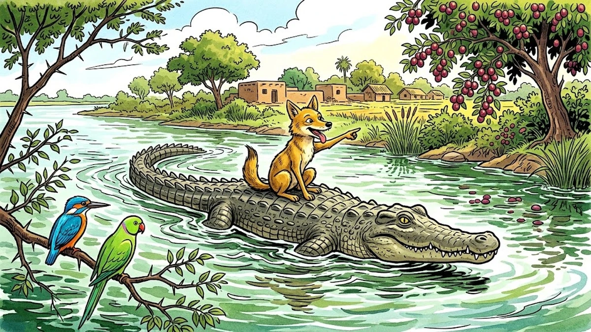 Scene 2: the jackal rides triumphantly on the crocodile's armored back across the green river toward a wild-plum tree, ACK Amar Chitra Katha illustration