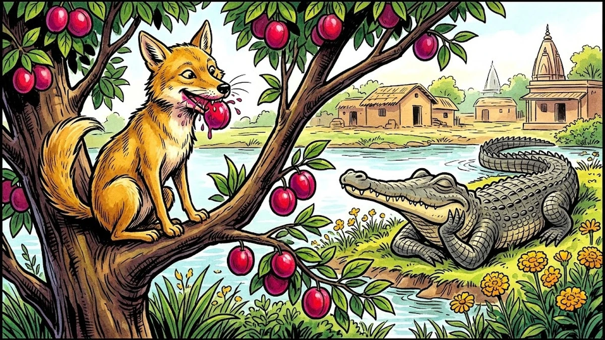 Scene 3: the jackal feasts on red-purple plums in the wild-plum tree while the crocodile waits dreamily on the riverbank, ACK Amar Chitra Katha illustration