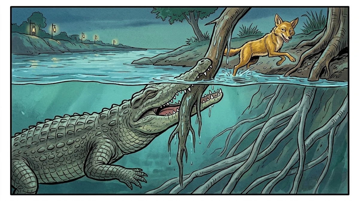 Scene 4: at the village ford in dusk, the crocodile's jaws close on a kikar tree-root by mistake while the clever jackal leaps to safety on the bank, ACK Amar Chitra Katha illustration