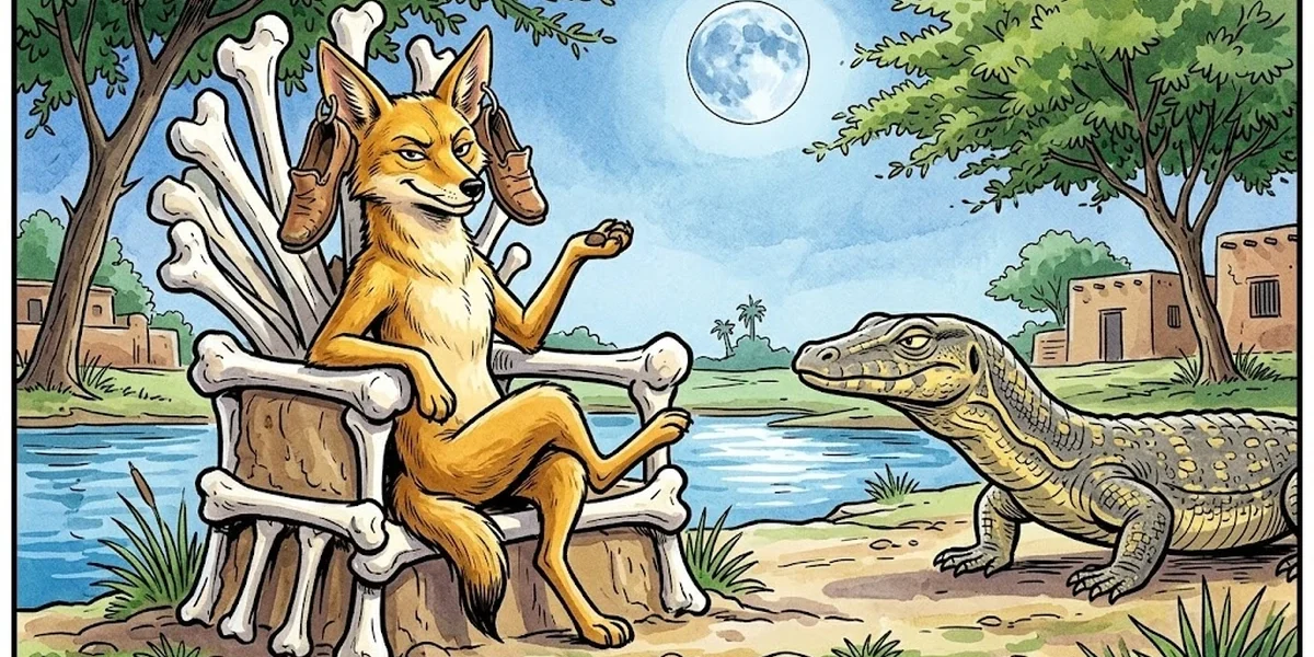 Sham-king jackal on a bone-throne with shoes as earrings, ACK Amar Chitra Katha illustration