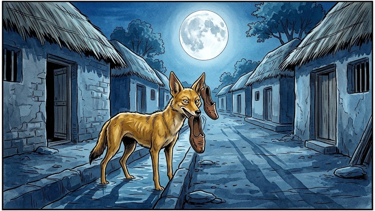 Scene 1: moonlit jackal strings worn shoes through his ears in the village gutter, ACK Amar Chitra Katha illustration
