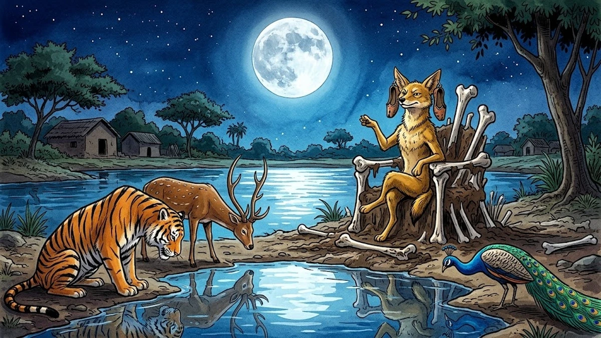 Scene 2: jackal enthroned on a bone-and-mud platform receiving tribute from tiger deer and peacock, ACK Amar Chitra Katha illustration