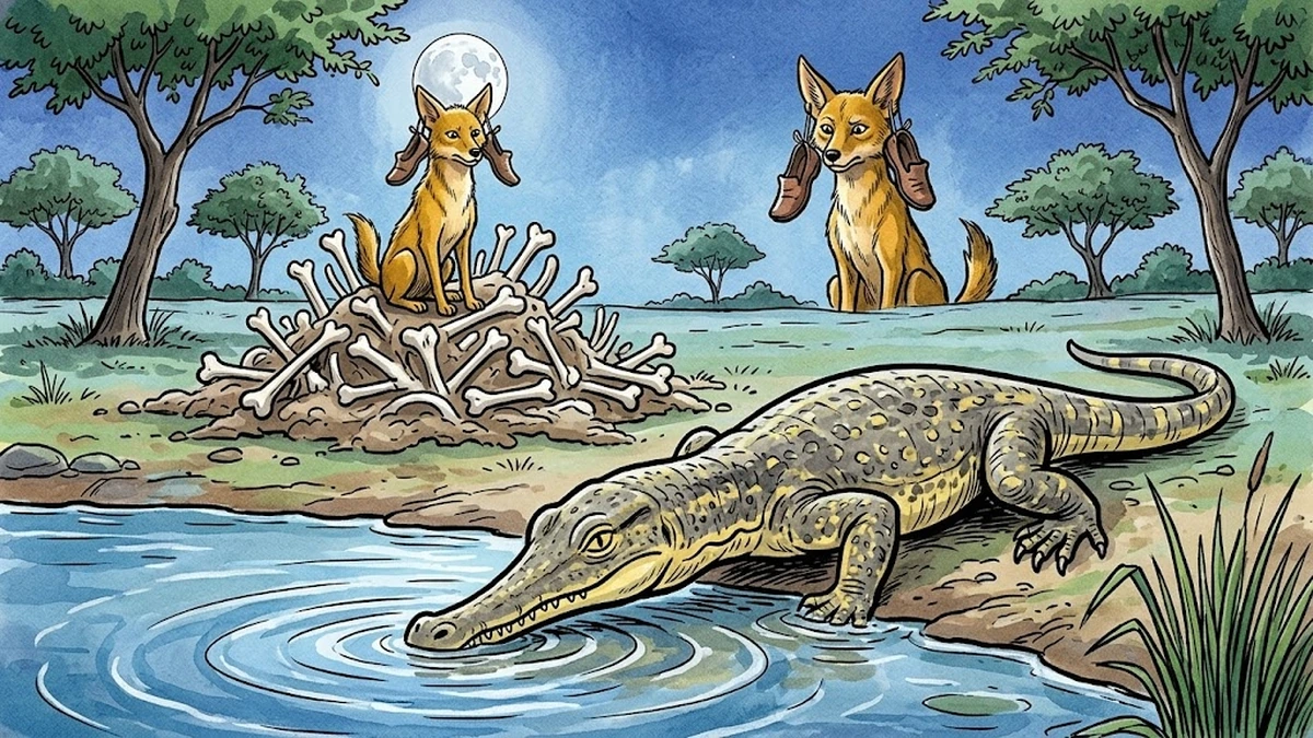 Scene 3: the iguana drinks deep at the pond-edge while the jackal looks on impatiently, ACK Amar Chitra Katha illustration