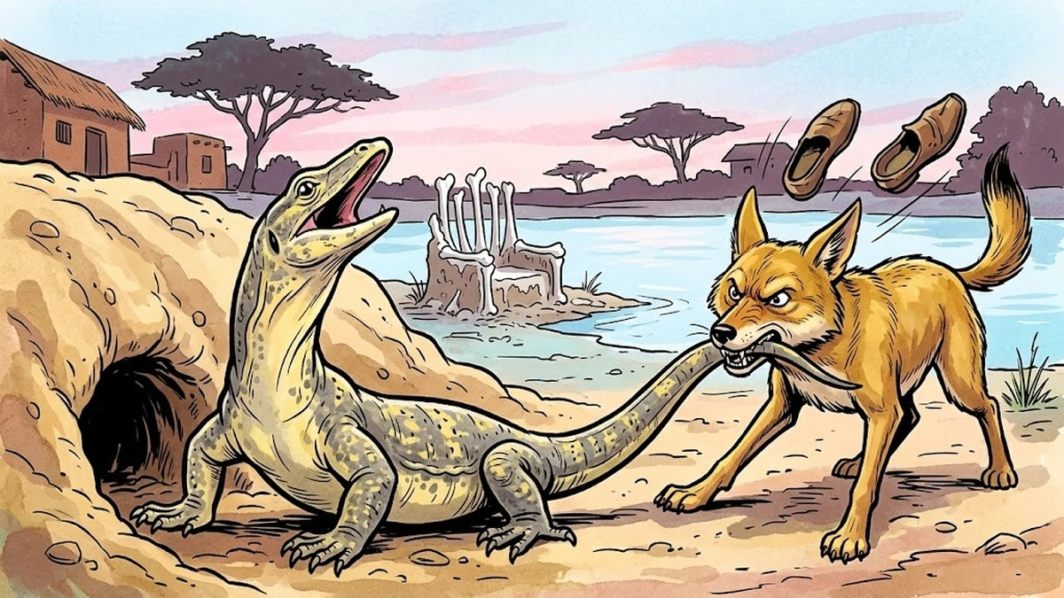 Scene 4: the iguana sings the counter-rhyme from his burrow while the jackal grips his tail in furious tug-of-war, ACK Amar Chitra Katha illustration
