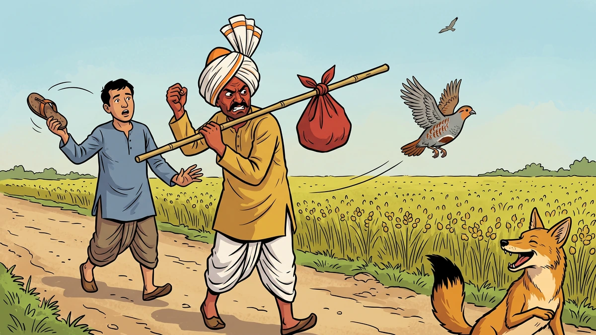 The First Test — the partridge perches on the traveller's stick and the second pardesi flings a chappal that knocks the first traveller's turban sideways, while the jackal in the gram field laughs.