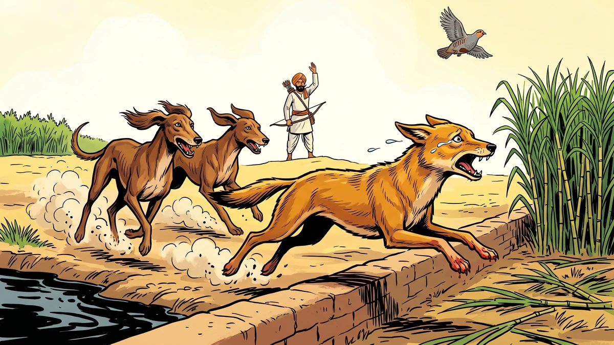 The Second Test — the shikari's hunting hounds mistake the jackal for prey and chase him across three Punjabi fields, the partridge flying calm overhead.
