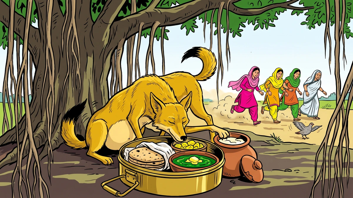 The Third Test — under the great banyan, the jackal eats his way through the village women's brass tiffin boxes of rotis, sarson da saag, and curd-pots while the partridge draws the women three fields away with a broken-wing display.
