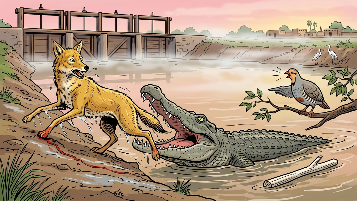 The Fourth Test — at dawn at the canal, the partridge tricks the half-blind marsh crocodile (Crocodylus palustris) into letting go of the jackal's leg by calling that he has caught only a peeled stick.