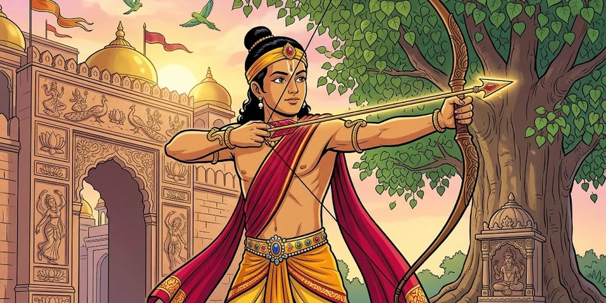Prince Sringabhuja with the jewelled arrow at the gateway of Vardhamana - The Jewelled Arrow