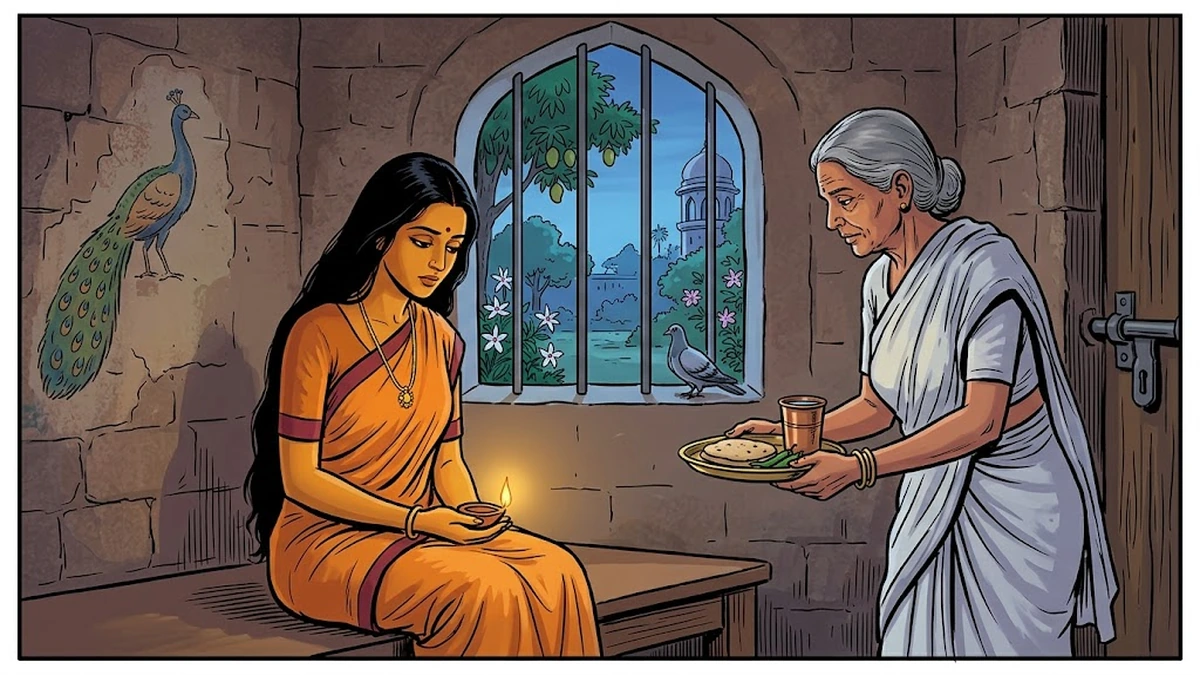 Queen Gunavara imprisoned in the tower at Vardhamana palace gardens