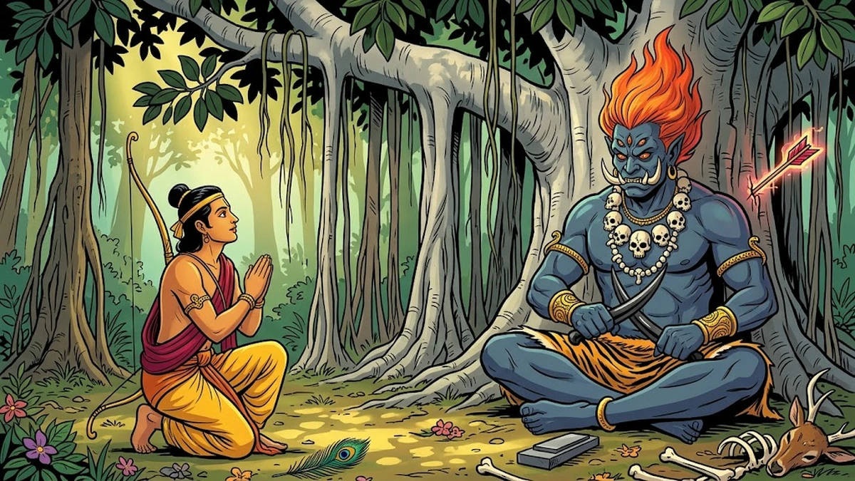 Prince Sringabhuja meets the Rakshasa-king Agnishikha at the great banyan