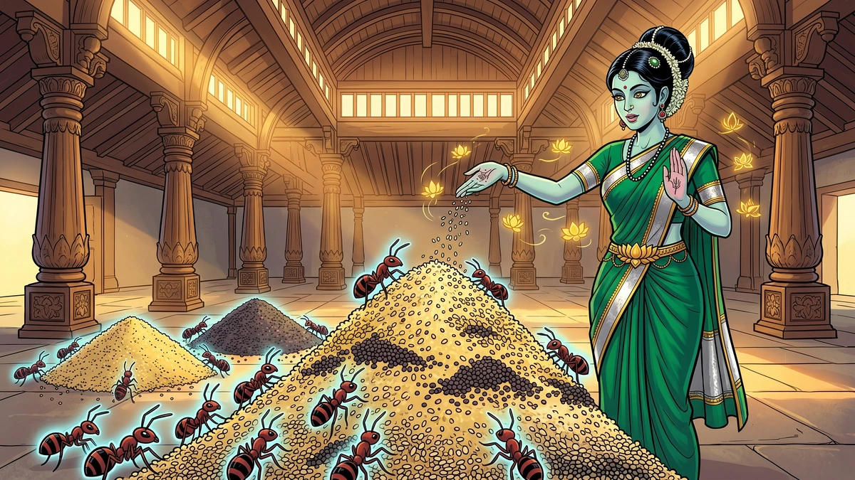Princess Rupashikha summons Vindhya ant-spirits to sort the grain
