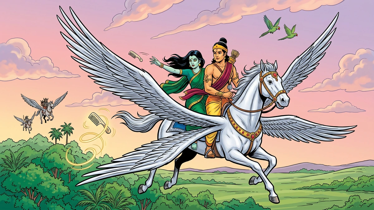 Princess Rupashikha and Prince Sringabhuja flee on the winged horse, throwing the ivory comb obstacle