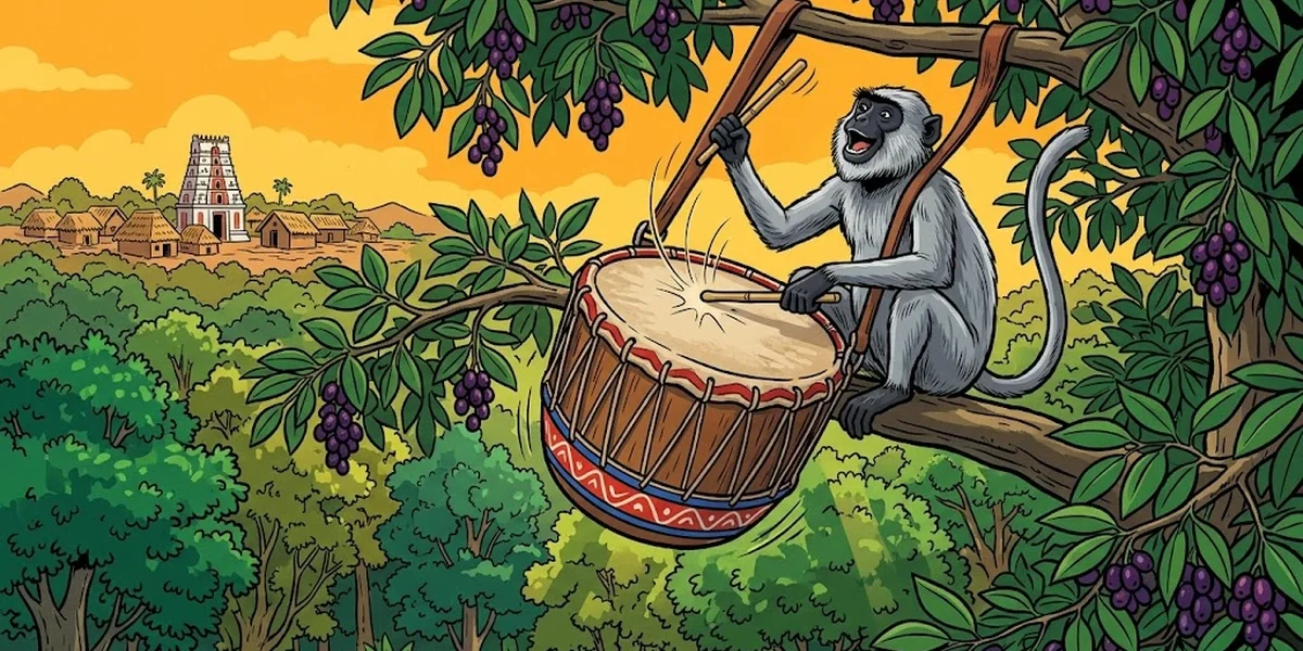 Tamil grey langur monkey beating a parai tom-tom drum at the top of a jamun tree, ACK style