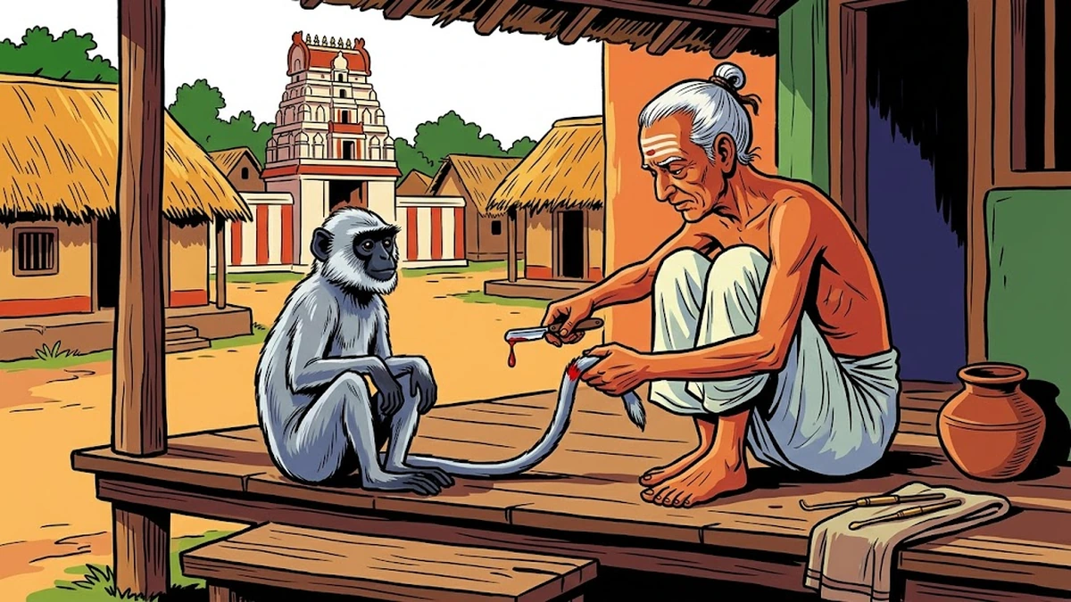 Monkey with thorn in tail at Tamil village barber's veranda, ACK style