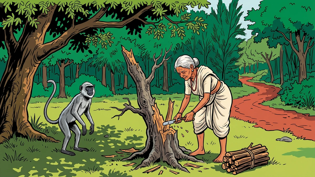 Old Tamil widow cutting margosa fuel-wood with the monkey's stolen razor, ACK style