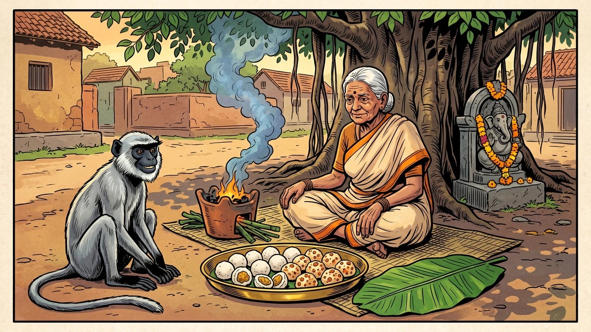 Tamil pudding-maker cooking kozhukattai dumplings on the monkey's fuel under banyan tree, ACK style