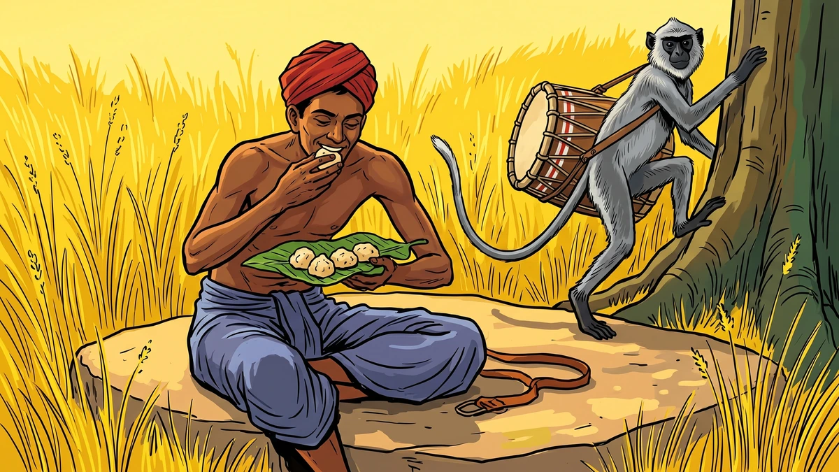 Tamil parai-drummer eating rice-dumplings as the monkey climbs jamun tree with the drum, ACK style