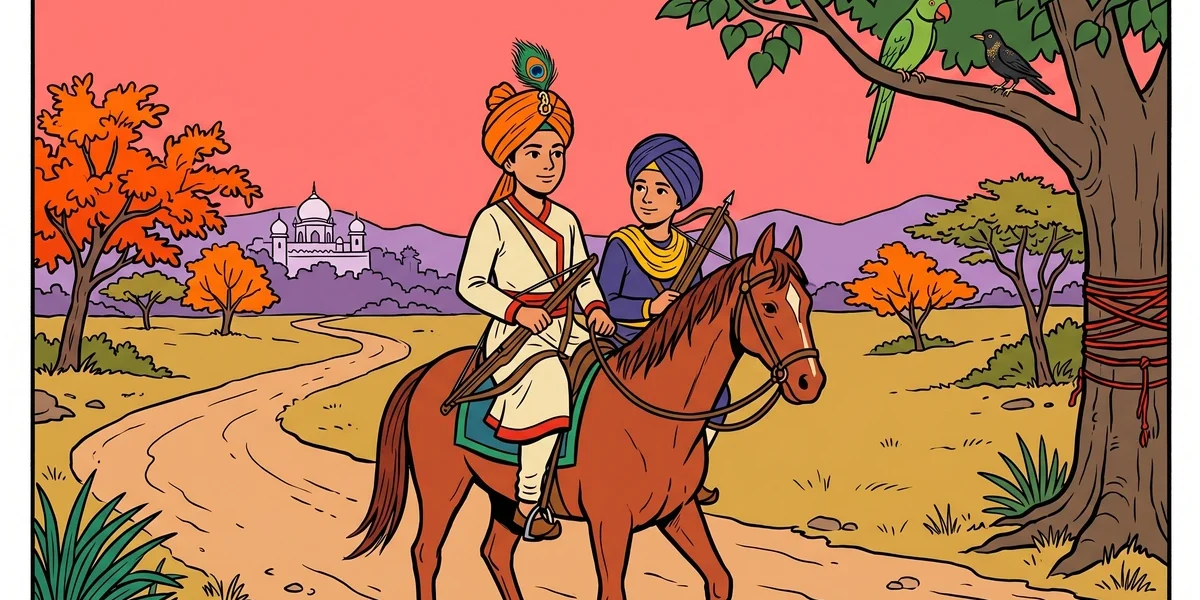 Two Punjabi princes ride one chestnut Marwari pony past a peepal tree where a green parrot and a black starling perch, ACK style