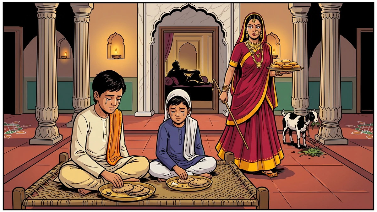 Two princes eat sour barley cakes on a charpai while the stepmother walks past with fresh wheaten cakes for the king