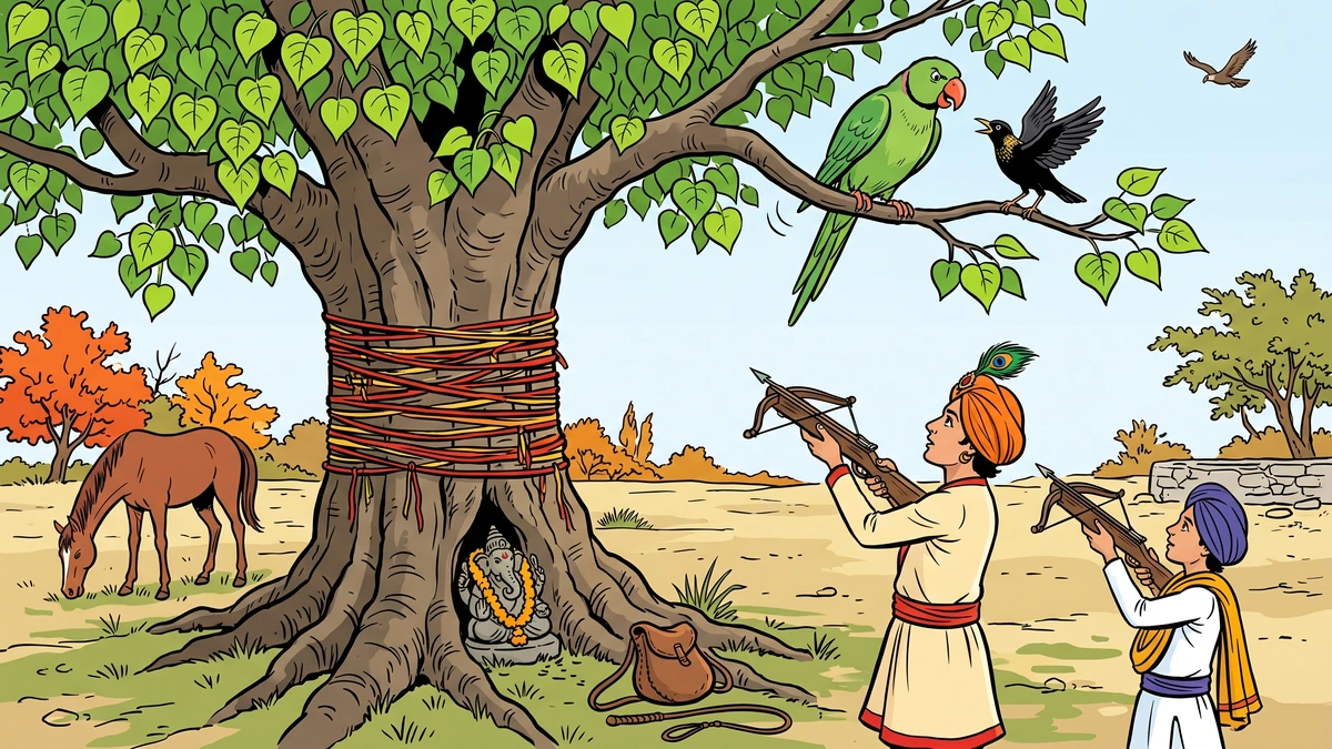 The two princes raise their crossbows under a peepal tree as a green parrot and a black starling quarrel above them