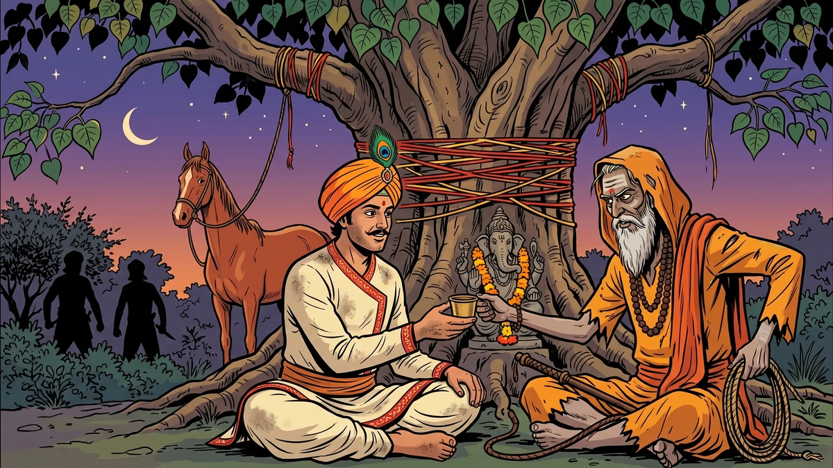 The elder prince accepts a cup of broth from a saffron-clad false fakir at twilight under the peepal tree
