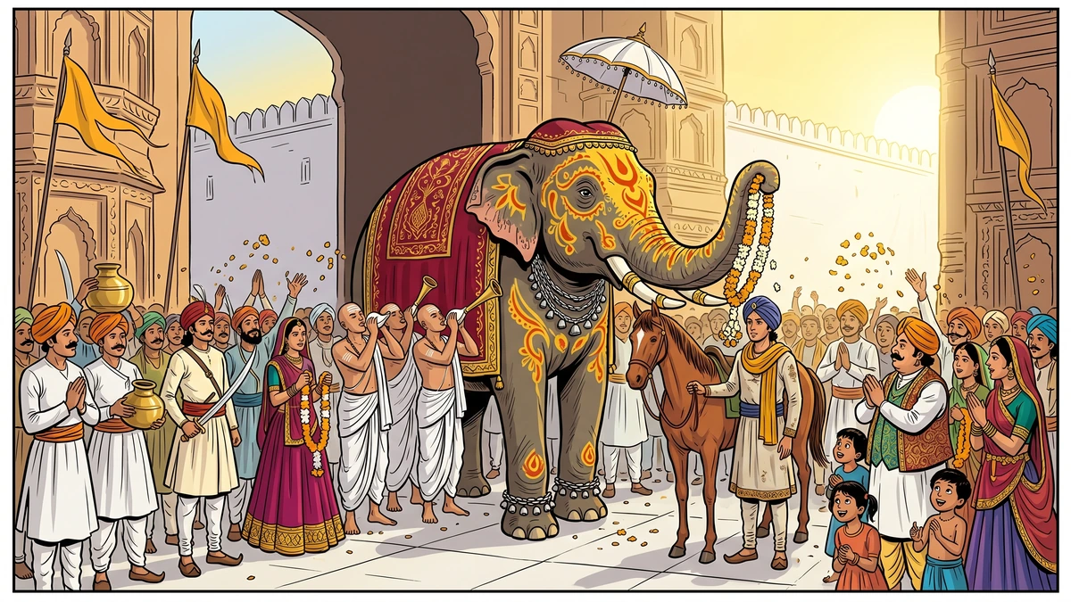 The sacred temple-elephant Lakshmi-prasad garlands the dust-stained younger prince with marigolds at the city gates
