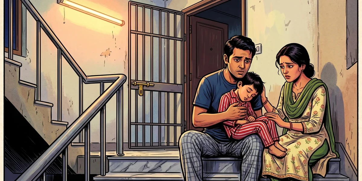 P-72 cover Indian family on apartment staircase landing at night
