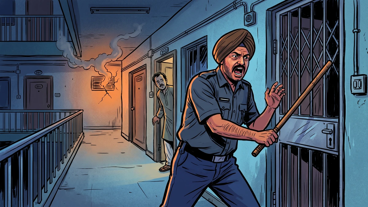 Modern Indian apartment building staircase landing at night - watchman raising fire alarm