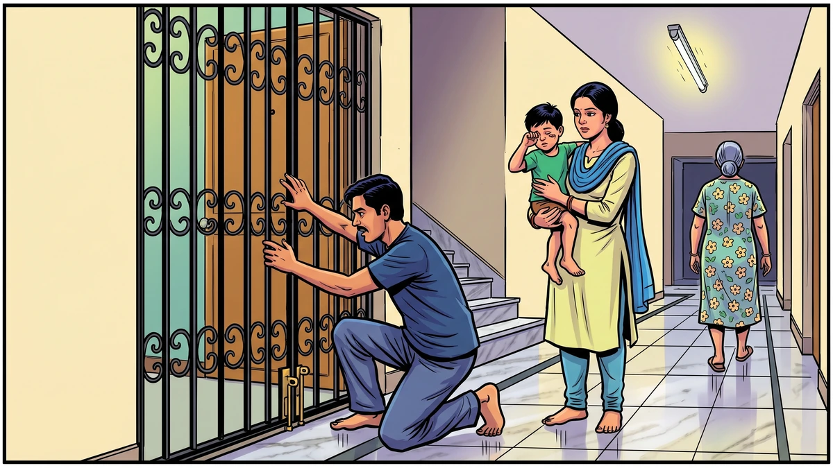 Father at locked grille while neighbour walks away - the loneliness of the modern apartment corridor