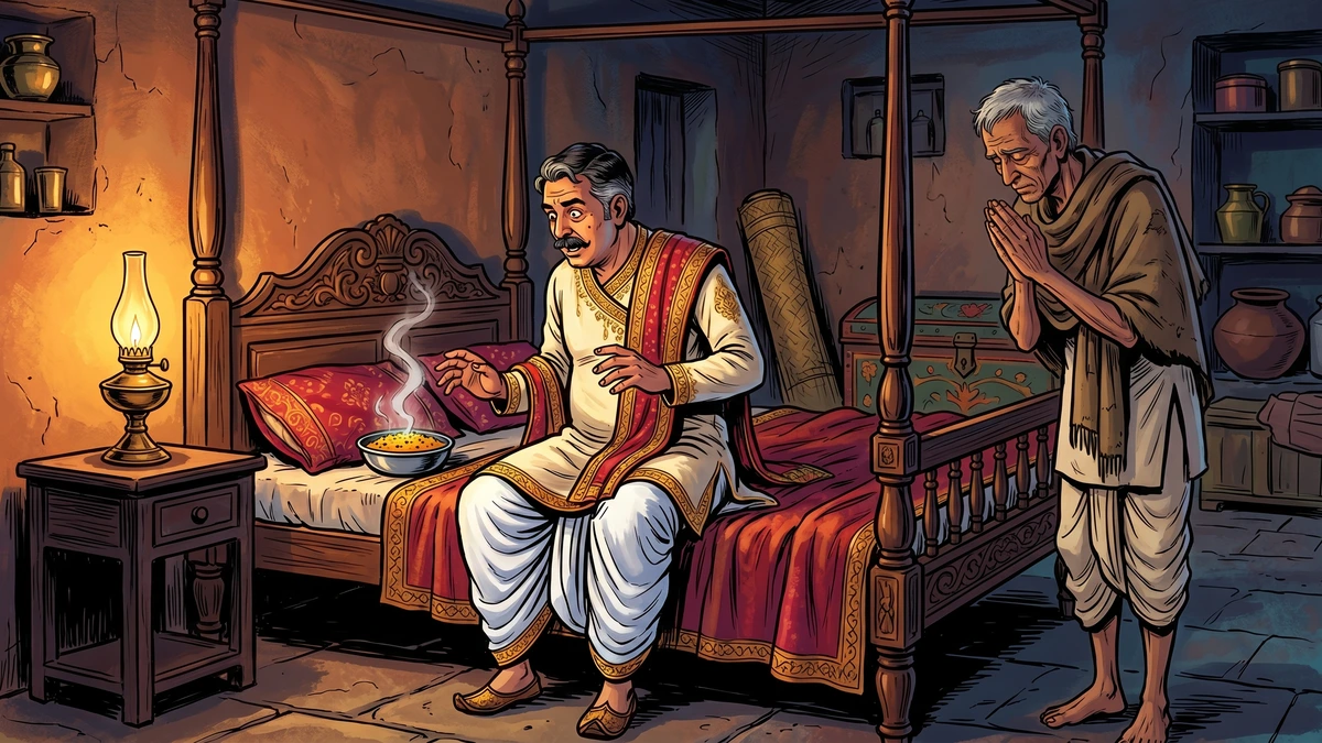 Servant Hari and Dhanapati - the bowl of hot khichdi on the master's pillow