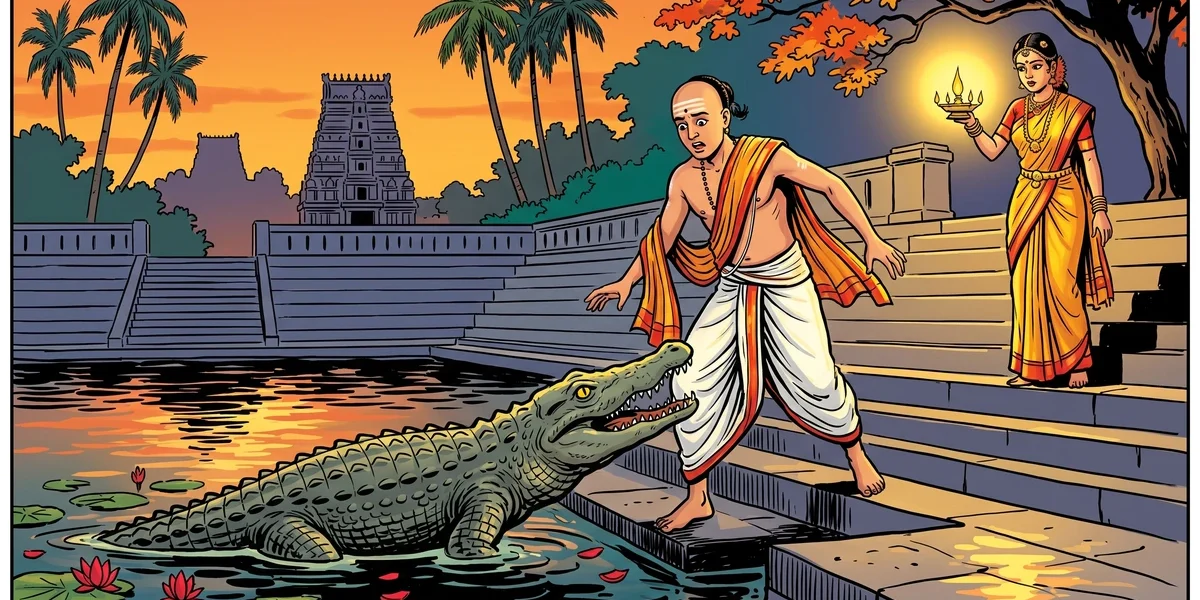 Tamil Brahmin bridegroom in white veshti caught by marsh crocodile in temple-tank steps at sunset, bride with brass oil-lamp, ACK illustration