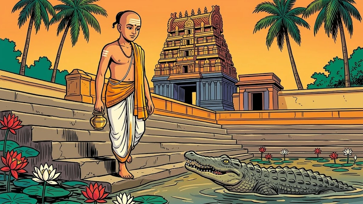 Young Tamil Brahmin scholar with brass kalasha lota performing sandhya vandana on temple-tank steps, marsh crocodile rising from lotus water unseen — ACK Indian comic-book illustration