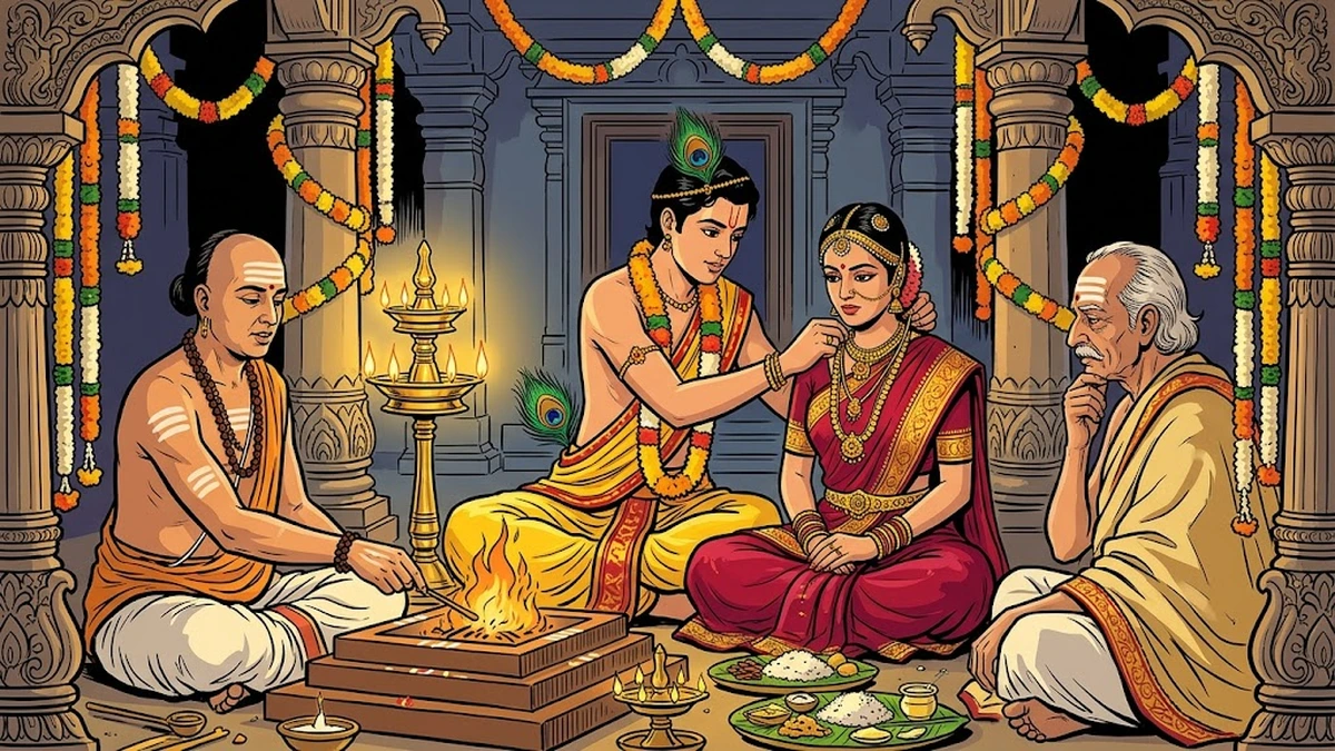 Tamil Brahmin wedding mantapam with brass kuthu vilakku, bridegroom tying gold mangalsutra on bride at homam fire, priest and father — ACK Indian comic-book illustration